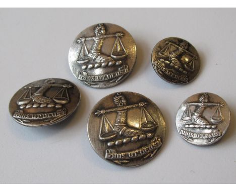 Set of five white metal buttons bearing a crest in the form of a gauntlet and scales 