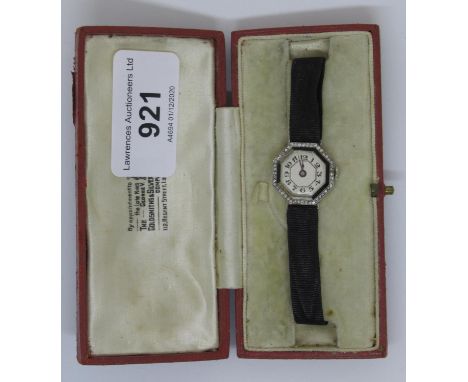 Ladies Art Deco octagonal platinum diamond set and enamel decorated cocktail watch (losses to enamel) 