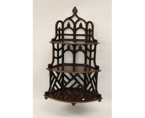 Mahogany three shelf Gothic style corner wall bracket 