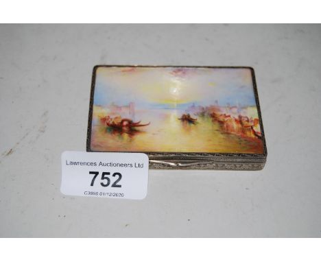 Continental silver, silver gilt and enamel rectangular box, the hinged lid decorated with a scene of Venice after Turner, 3 a