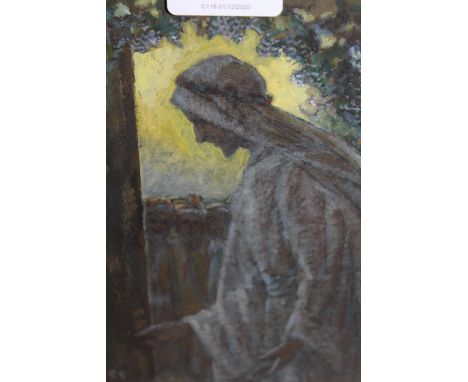 19th Century gilt framed watercolour, portrait of Christ, 7ins x 5ins 