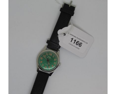 HMT Pilot gentleman's stainless steel wristwatch with green enamel dial and a black leather strap 