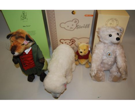 Group of four Steiff boxed soft toys, Alpaca 662492 and 036996, Winnie the Pooh 680090 and Bar 420290 