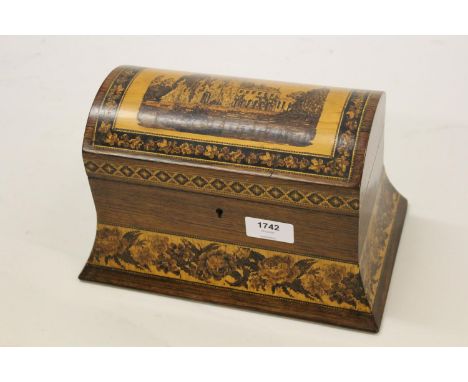 Victorian rosewood and Tunbridge inlaid tea caddy with a dome lid enclosing a two division interior 