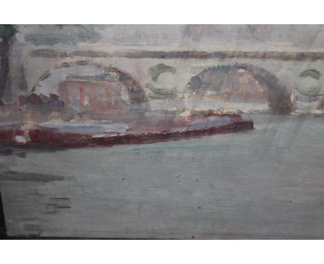 Attributed to Walter Greaves, oil sketch, barges by a Thames bridge, bearing signature verso, ebonized frame, 6.5ins x 8.5ins