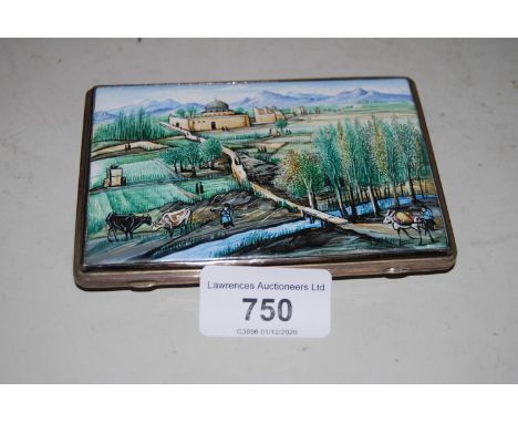 Middle Eastern white metal and enamel cigarette case, the lid decorated with an extensive landscape, the reverse with two fig