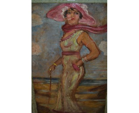 20th Century oil on board, full length portrait of a lady in evening dress with pink hat, in a coastal landscape, indistinctl