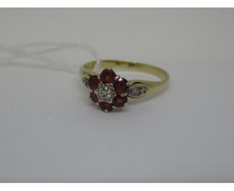 9ct Gold diamond and pink ruby cluster ring 