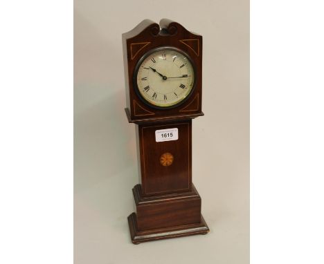 20th Century mahogany inlaid mantel clock in the form of a longcase clock having circular paper dial with brass bezel and Rom