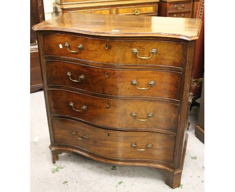 George III mahogany and crossbanded serpentine fronted chest of four long drawers with brass swan neck handles and side handl
