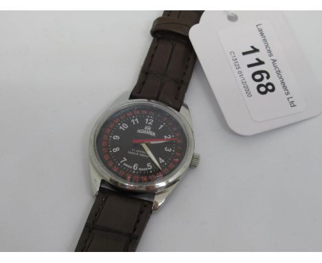 Roamer gentleman's stainless steel wristwatch with black enamel dial, white and red Arabic numerals, on a brown leather strap