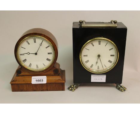 Small 19th Century cylindrical clock on stand with a single train pendulum movement together with a small ebonised mantel clo