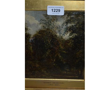 Attributed to Thomas Churchyard, oil on canvas laid down on panel, figure on a wooded lane, 6.75ins x 5.25ins, gilt framedUnd