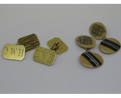 Pair of oval 9ct gold Royal Army Service Corps enamel decorated cufflinks, together with another pair of 9ct gold cufflinksWe