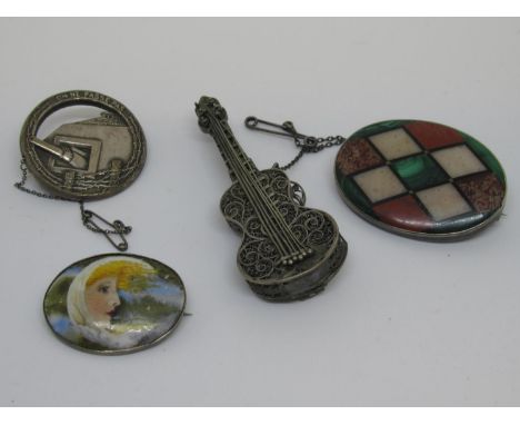 Agate set oval brooch, porcelain brooch painted with a portrait, a Continental filigree work brooch in the form of a guitar a