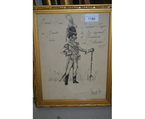 Framed pen sketch, ' Grand Army En Grand Terue ', signed Kin Day, dated 1977, gilt framed, together with a head and shoulder 