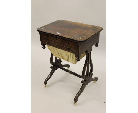 19th Century rosewood brass inlaid work table having single drawer with brass knob handles and pull-out wool basket with orig