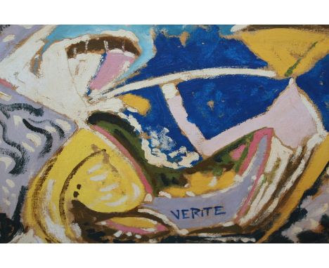 20th Century oil on canvas, abstract study, inscribed ' Verite ', 15ins x 19ins, framed, together with a 20th Century oil on 