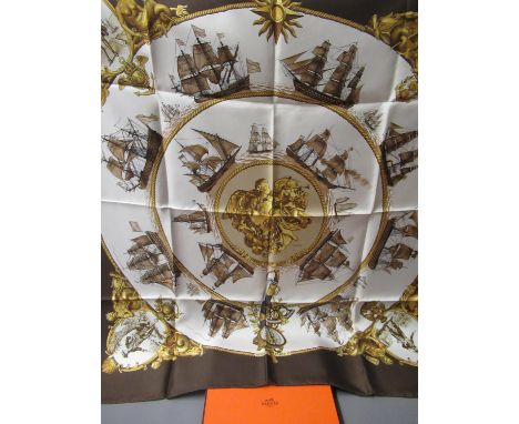 Hermes ' Silhovettes Navales ' ladies brown silk scarf, 90cms square, in original box 
