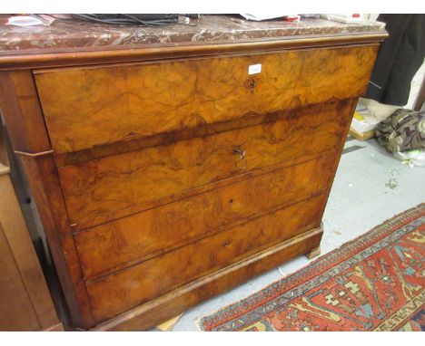 19th Century French figured walnut secretaire commode chest with a rouge marble top above a fitted drawer and three further d