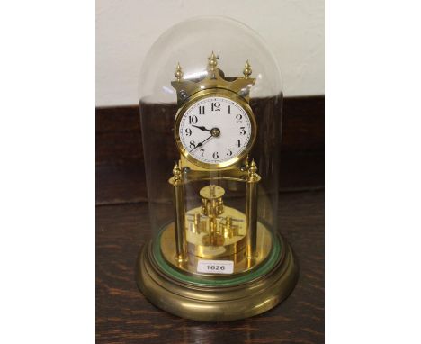 Edwardian brass anniversary clock under glass dome (at fault) and an oak barometer / thermometer (at fault) 