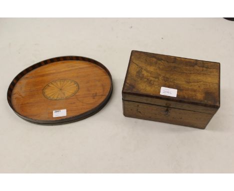 Small Georgian oval shell inlaid tray, together with a Victorian walnut two division tea caddy 