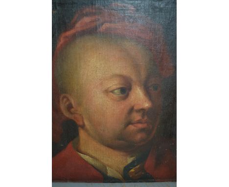 18th Century British school, oil on canvas laid down on panel, head and shoulder portrait of a man wearing a red military tun