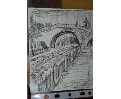 Michael Andrews, a charcoal sketch on paper, bridge over a railway line, signed with initials M.A., 5.75ins x 4.75ins, unfram