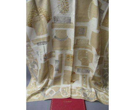 Cartier, ladies beige silk scarf, 86cms x 86cms, in original box with authenticity cardSome stains 