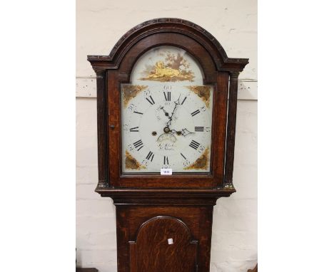 George III oak longcase clock, the broken arch hood with flanking pilasters above an arched panelled door and conforming plin