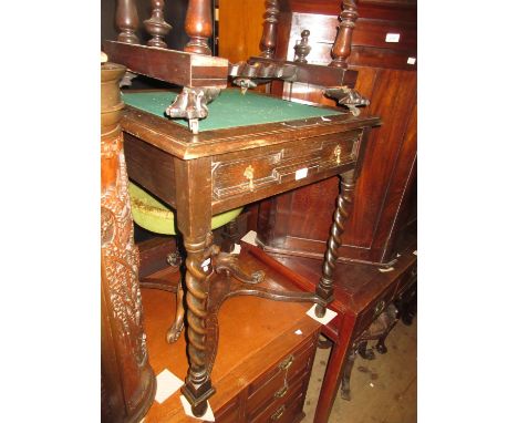 1930's Square oak reversible top, side table / card table, raised on barley twist supports with crossover stretcher with pres