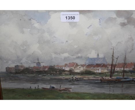 Willem C. R. P. signed watercolour, Dutch canal scene with figures and boats. 9ins x 13ins 