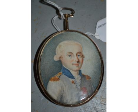 18th / 19th Century oval gold framed miniature portrait of a French officer in uniform, with blue enamel and woven hair back,