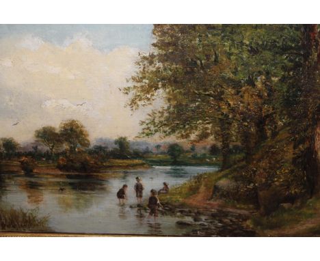 19th Century oil on canvas, landscape with children playing by a river, signed A.W. Parsons ?, 12ins x 20ins 