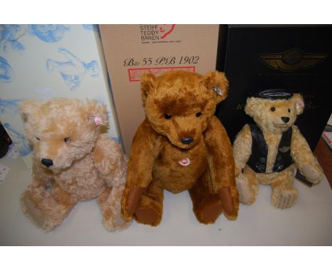 Group of three large Steiff teddy bears, Harley Davidson 666476, Teddy Bear 404009 and Teddy Bear Lost and Found 682889 