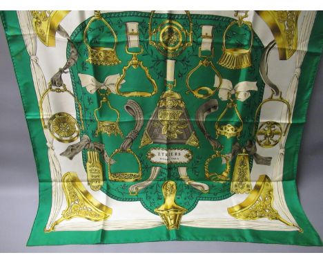 Hermes ' Etriers ' ladies green silk scarf, 90cms square (unboxed) 