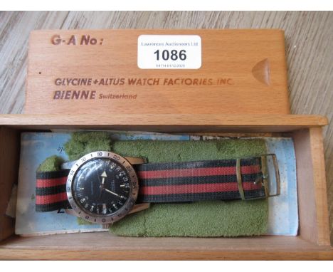 Gyycine Airman, gentlemans stainless steel wristwatch circa 1967, with black enamel 24 hour dial and calendar aperture (besel