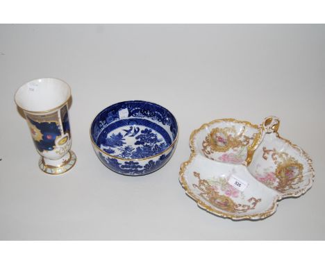 French porcelain trefoil dish, a Royal Worcester Millennium vase and a blue and white Willow pattern bowl together with a Roy