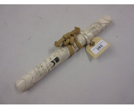 Early 20th Century Japanese dagger, the bone grip and scabbard carved with various figures, 11.5ins long overall 