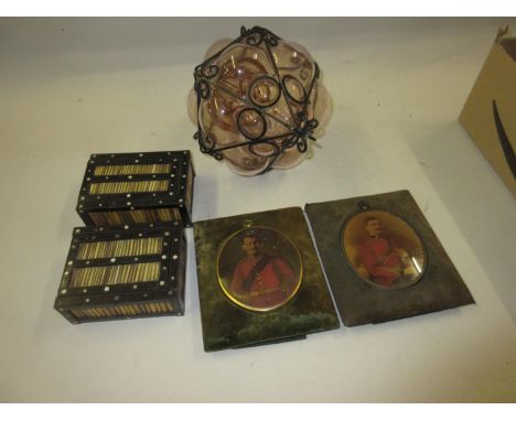 Two 19th Century porcupine quill boxes, together with a pair of military portrait print miniatures and a small glass and meta