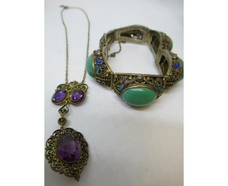 Silver gilt turquoise and enamel decorated bracelet together with an amethyst and gilt metal necklet 