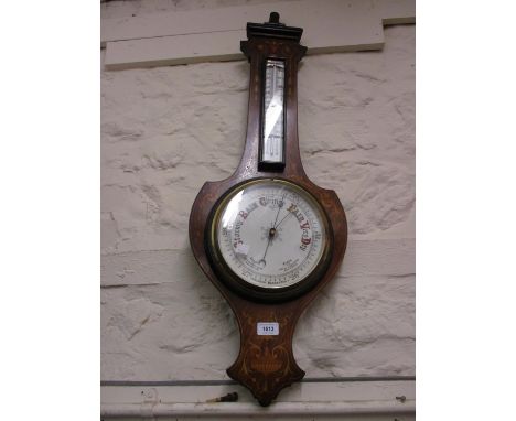 19th Century rosewood floral inlaid wheel barometer thermometer with ceramic dials and brass bezel, 34ins high 