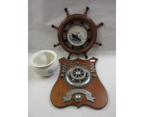 Mid 20th Century mahogany and nickle plate wall plaque in the form of a ships wheel and lifebelt, a North of Scotland, Orkney