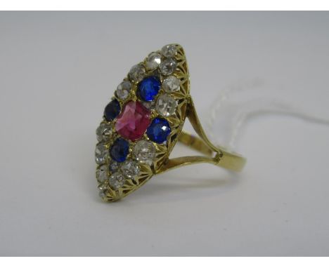 18ct Gold marquise ring set ruby, four sapphires and multiple old cut diamondsRing head approximately 25mm x 12mmRing size S.