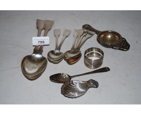 Pair of 19th Century silver Fiddle pattern tablespoons, set of six 19th Century silver Fiddle pattern teaspoons, silver caddy