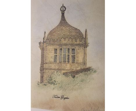 Folio containing a quantity of various unframed pen and watercolour architectural garden gazebo studies and other unframed dr