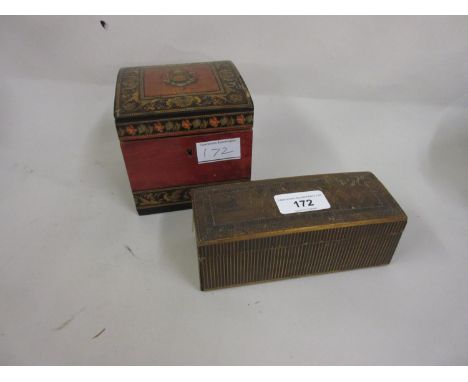 Small rectangular straw-work box and cover (at fault) and a Sorrento ware single division tea caddy with domed lid (at fault)
