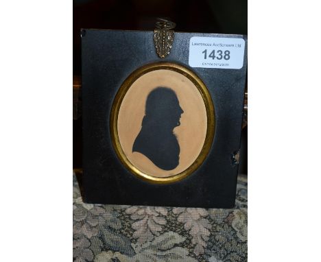 19th Century oval silhouette profile portrait of a gentleman together with a 19th Century copper plate and coloured engraving