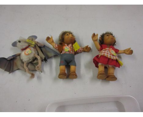 Two small Steiff hedgehog figures ' Mucki ' and ' Macki ' together with a small Steiff bat figure ' Eric ' 