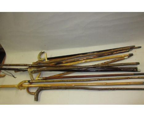 Four various silver mounted walking canes, together with a quantity of other walking canes and a pottery stick stand 